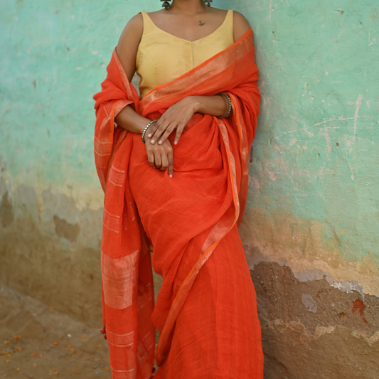 Orange Handloom Linen Saree