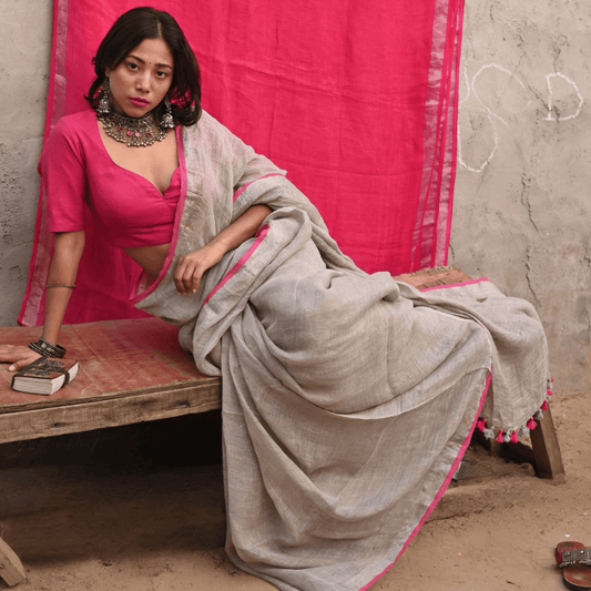 Ivory Handloom Linen Saree