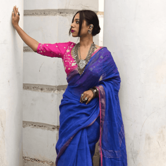 Deep Blue Handloom Linen Saree