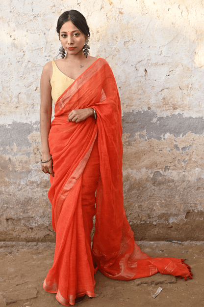 Orange Handloom Linen Saree