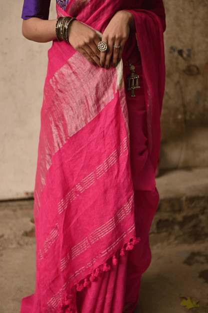 Fuschia Handloom Linen Saree