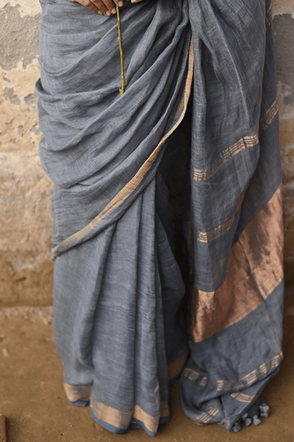 Steel Grey Handloom Linen Saree