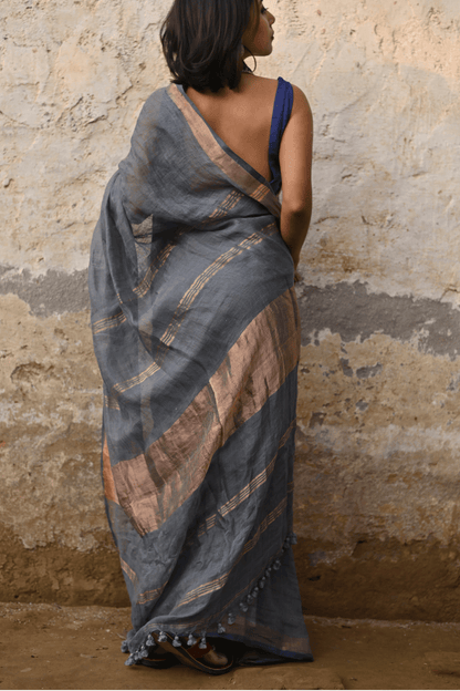 Steel Grey Handloom Linen Saree