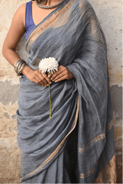 Steel Grey Handloom Linen Saree