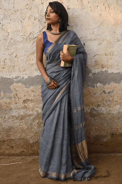 Steel Grey Handloom Linen Saree