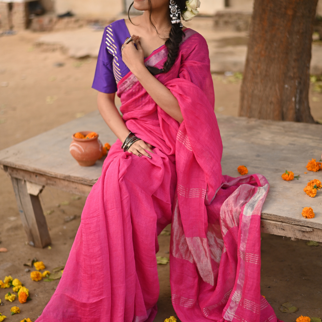 Fuschia Handloom Linen Saree Thumbnail