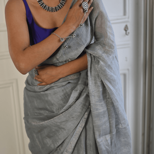 Silver Handloom Linen Tissue Saree