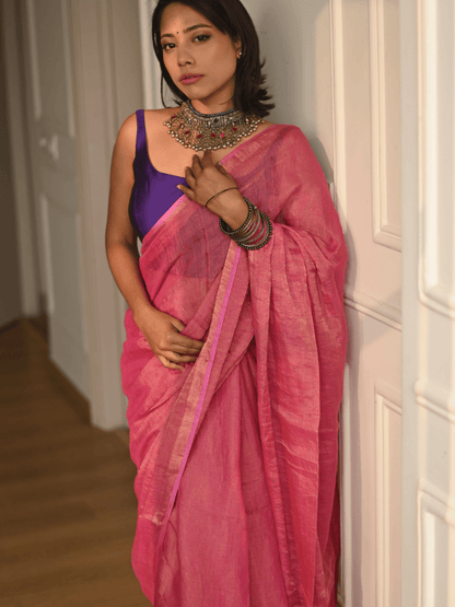 Blush Pink Handloom Linen Tissue Saree