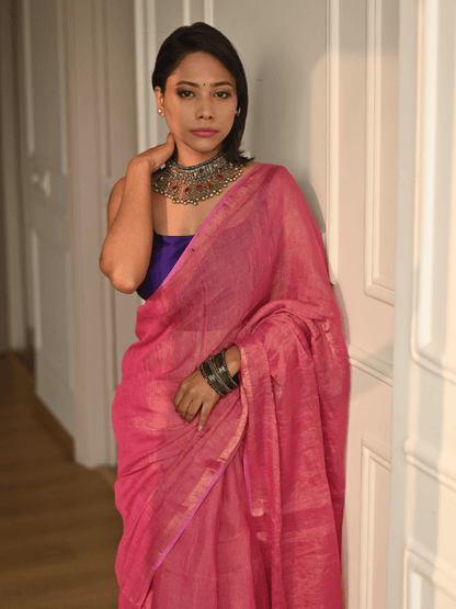 Blush Pink Handloom Linen Tissue Saree