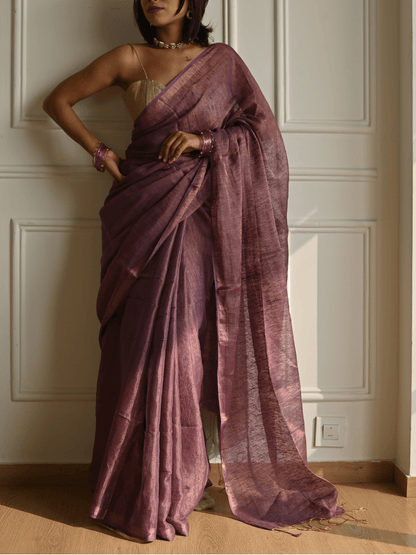 Aubergine Handloom Linen Tissue Saree
