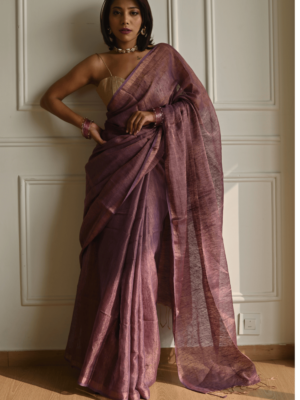 Aubergine Handloom Linen Tissue Saree