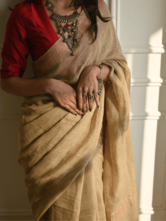 Beige - Pure Handloom Linen Saree with Zari Border