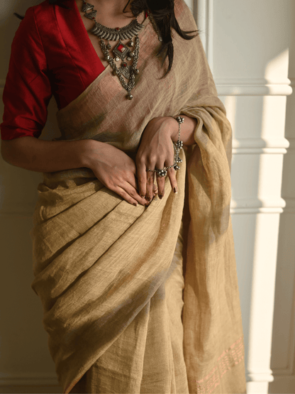 Beige Handloom Linen Saree