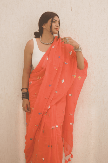 Gardenalia Flame Mul Saree - Mayin India 