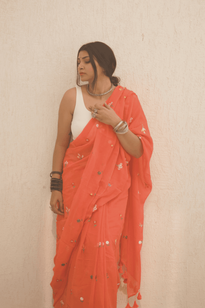Gardenalia Flame Mul Saree - Mayin India 