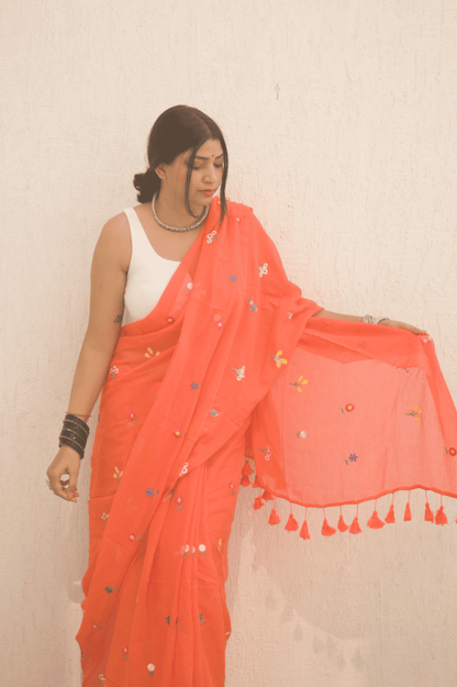 Gardenalia Flame Mul Saree - Mayin India 