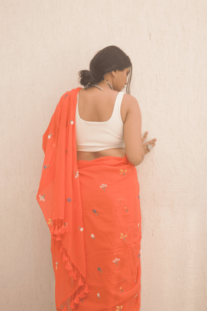 Gardenalia Flame Mul Saree - Mayin India 