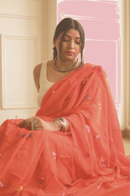 Gardenalia Flame Mul Saree - Mayin India 