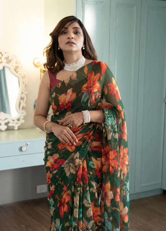 Woman wearing a floral saree in a room with light blue walls.