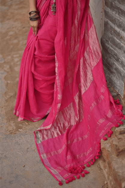 Fuschia Handloom Linen Saree