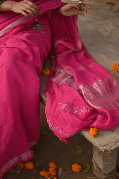 Fuschia Handloom Linen Saree