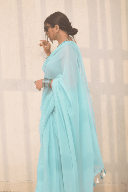 Powder Blue Mul Saree - Mayin India 