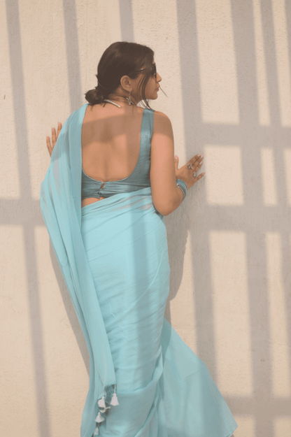 Powder Blue Mul Saree - Mayin India 