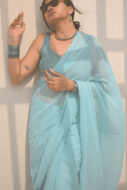 Powder Blue Mul Saree - Mayin India 