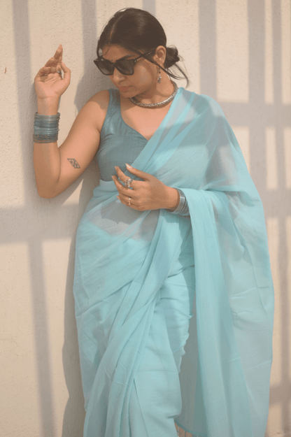 Powder Blue Mul Saree - Mayin India 