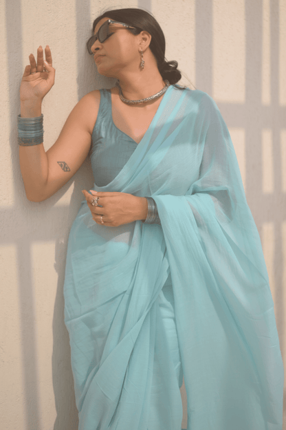 Powder Blue Mul Saree - Mayin India 