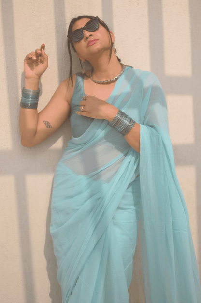 Powder Blue Mul Saree - Mayin India 