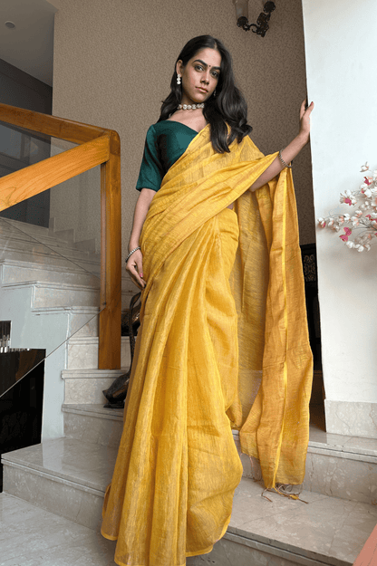 Mustard Handloom Linen Tissue Saree