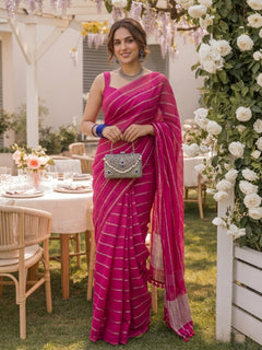 Statement - Pink Striped Pure Handloom Linen Saree with Zari Border