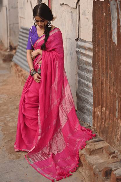 Fuschia Handloom Linen Saree
