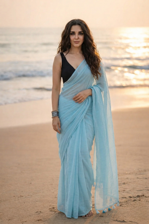 Powder Blue - Plain Mul Cotton Saree