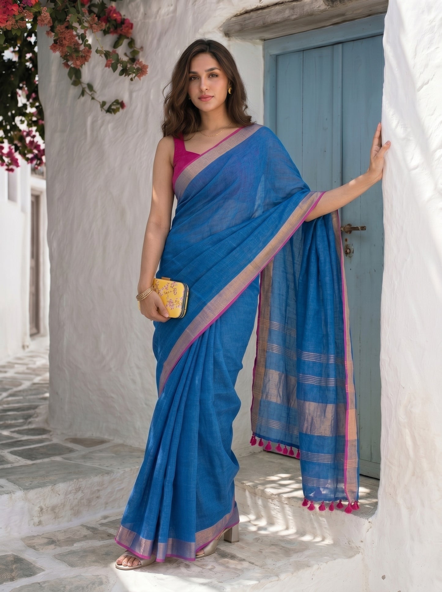 Power Play - Blue Pure Handloom Linen Saree with Zari Border