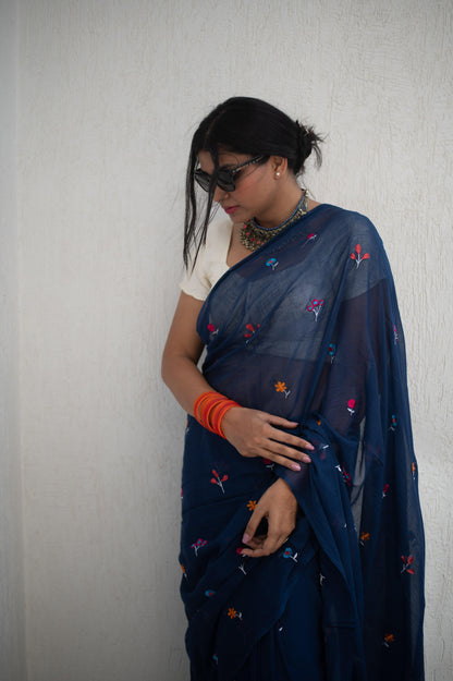 Gardenalia Royal Blue Saree - Mayin India 