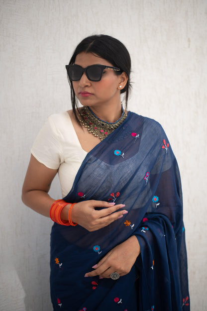 Gardenalia Royal Blue Saree - Mayin India 