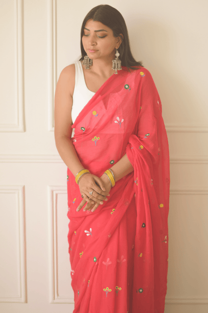 Gardenalia Red Mul Saree - Mayin India 