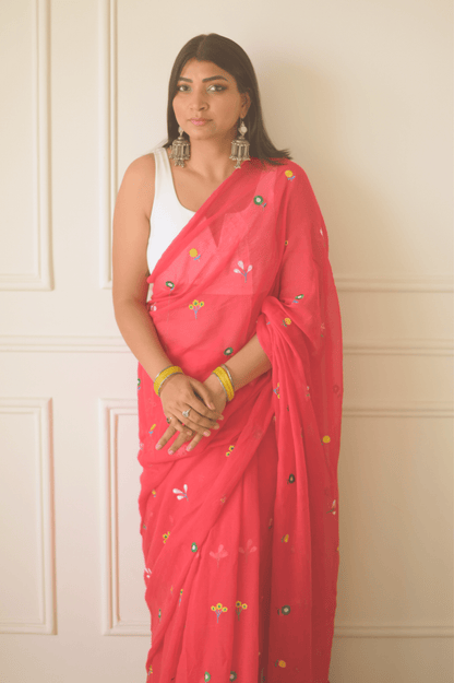 Gardenalia Red Mul Saree - Mayin India 