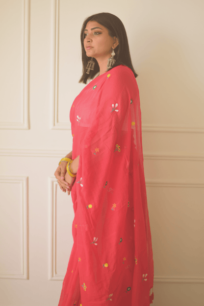 Gardenalia Red Mul Saree - Mayin India 