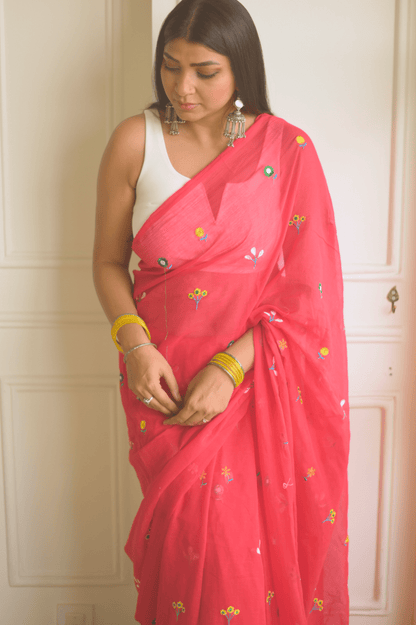 Gardenalia Red Mul Saree - Mayin India 