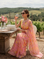 Roselle - Pink Floral Print Pure Chiffon Partywear Saree
