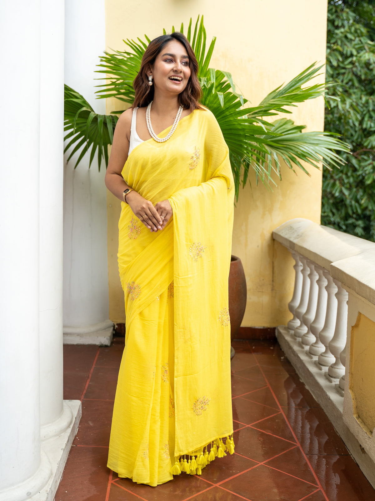 Embroidered floral mul cotton saree in yellow, MAYIN Marigold