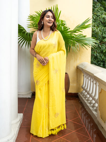 Embroidered floral mul cotton saree in yellow, MAYIN Marigold