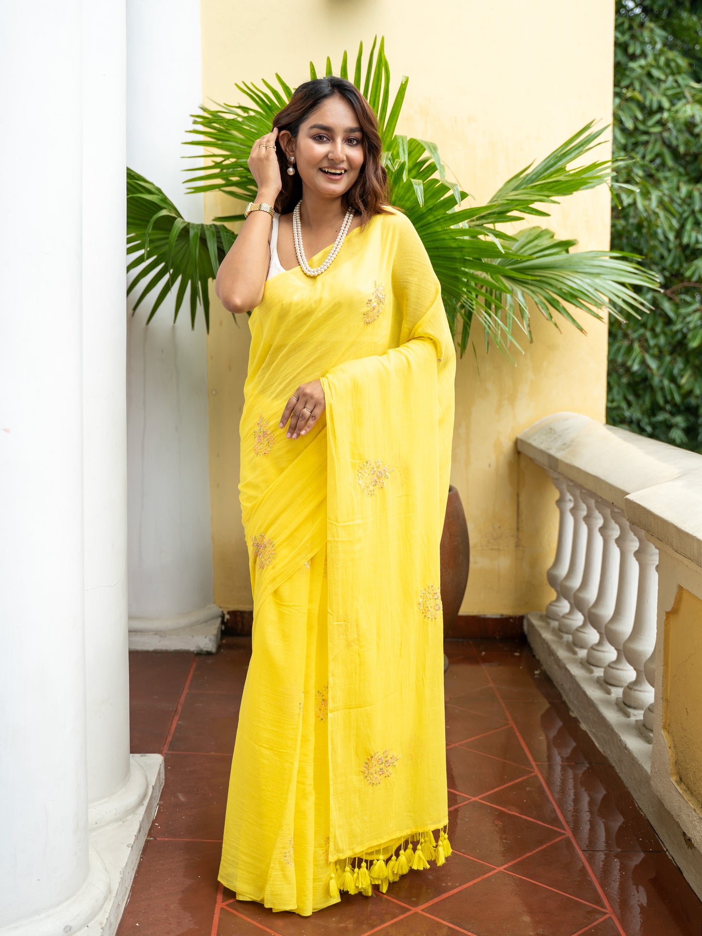Marigold-yellow embroidered Mul Cotton Saree