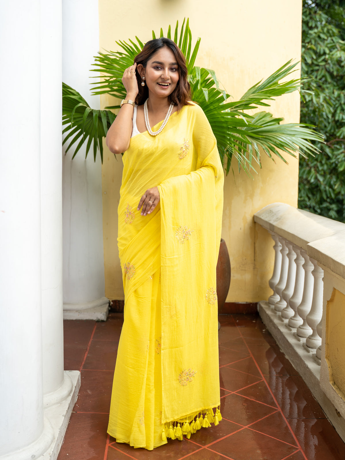 Yellow mulmul cotton saree with embroidered florals, MAYIN India