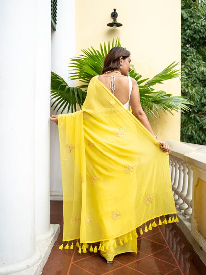 Floral embroidered mul cotton saree in yellow, MAYIN Marigold