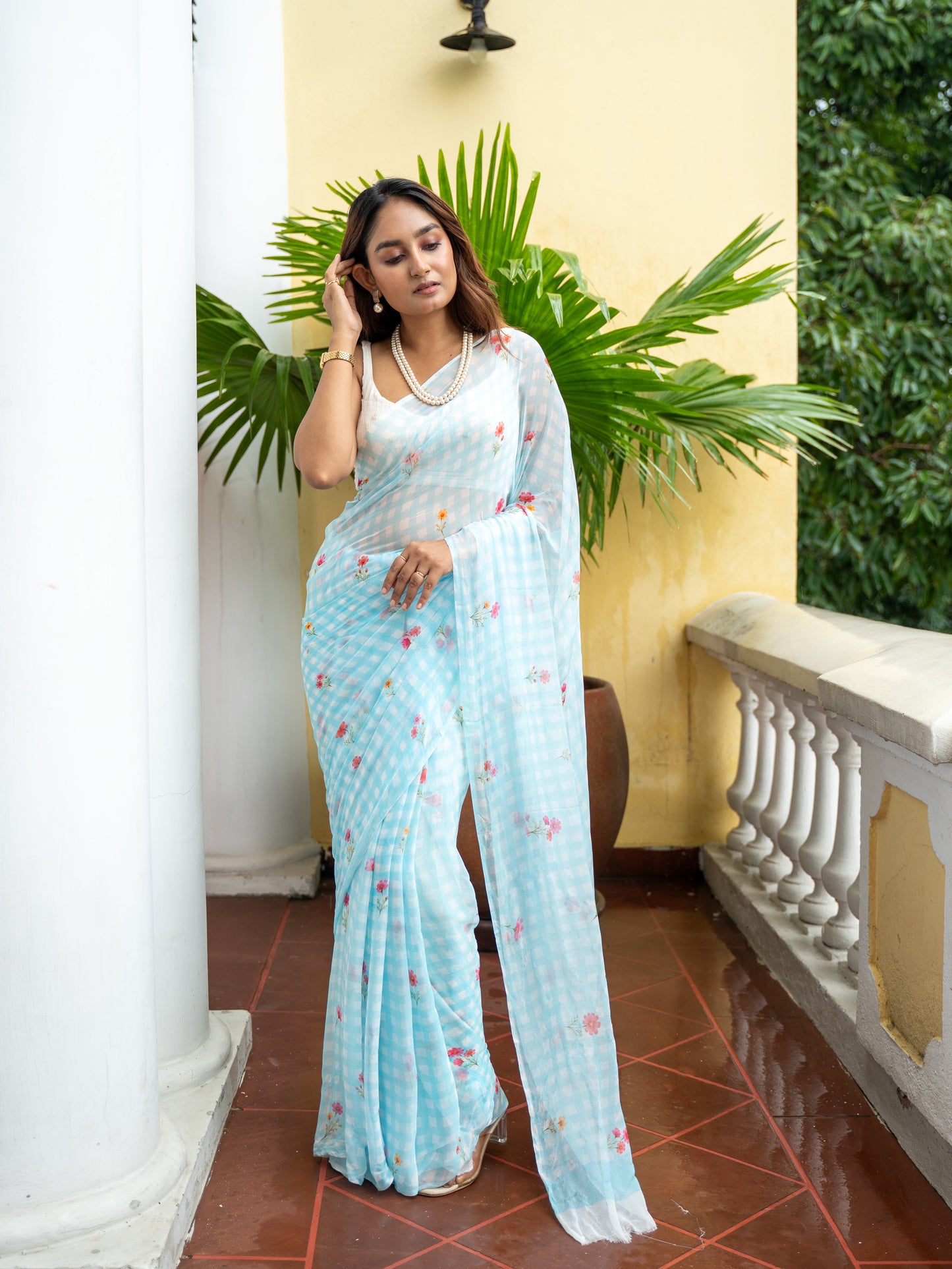 Slow Sunday - Powder Blue Gingham Print Pure Chiffon Saree