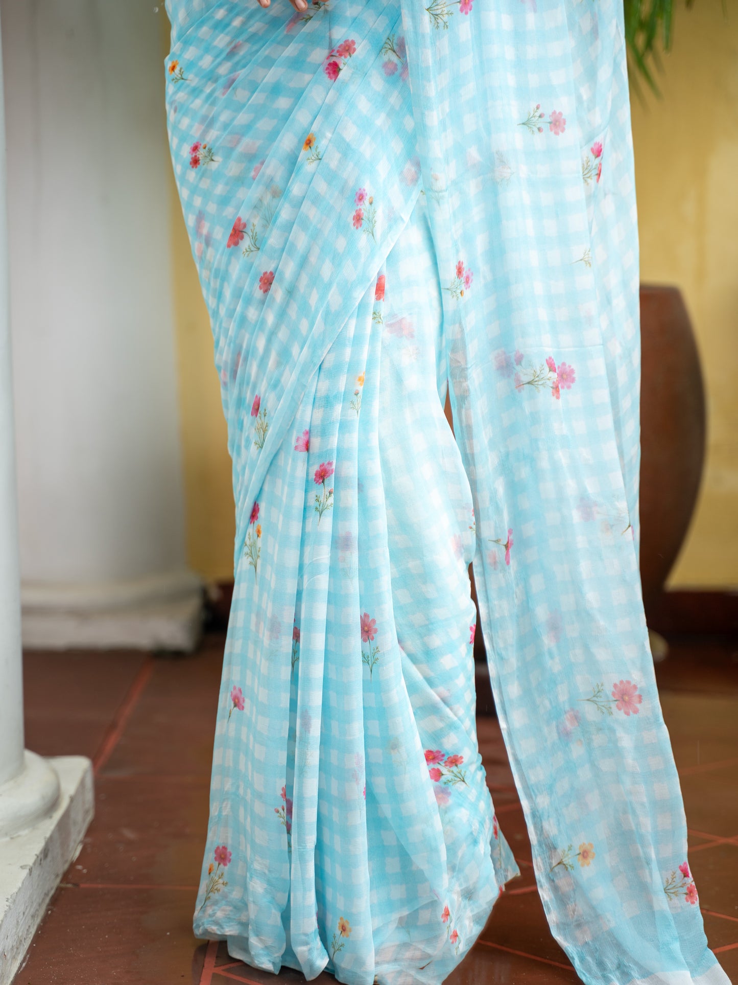 Slow Sunday - Powder Blue Gingham Print Pure Chiffon Saree